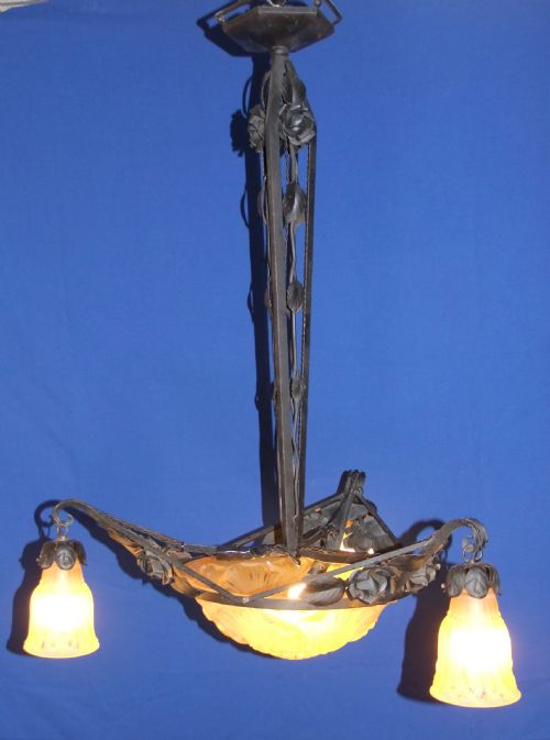ART NOUVEAU GLASS METAL CHANDELIER BY VERRERIE DES VOSGE C1910 - ADDITIONAL PHOTO 2
