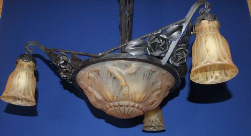 ART NOUVEAU GLASS METAL CHANDELIER BY VERRERIE DES VOSGE C1910 - ADDITIONAL PHOTO 4