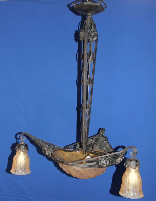 ART NOUVEAU GLASS METAL CHANDELIER BY VERRERIE DES VOSGE C1910 - ADDITIONAL PHOTO 5