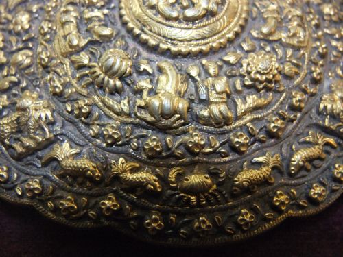 ANTIQUE LARGE STRAITS CHINESE PERANAKAN SOLID GILT SILVER BELT BUCKLE C1880 - ADDITIONAL PHOTO 1