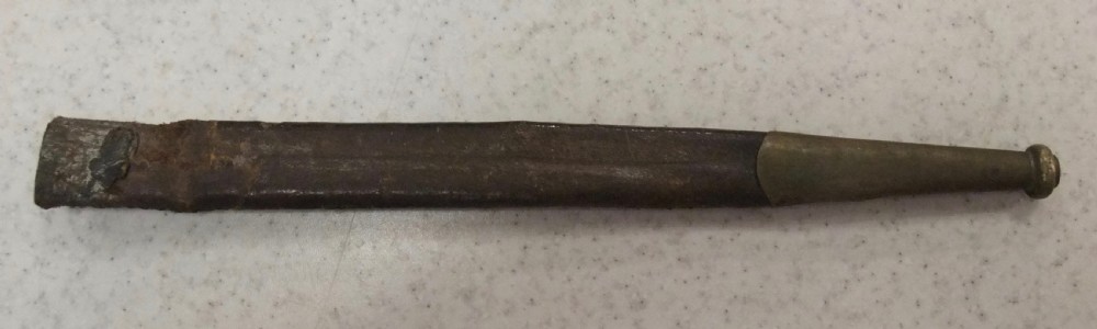 An antique French Napoleonic naval dagger with a tapered steel blade, ornate brass guard, turned dark grip, and leather scabbard. View XIII