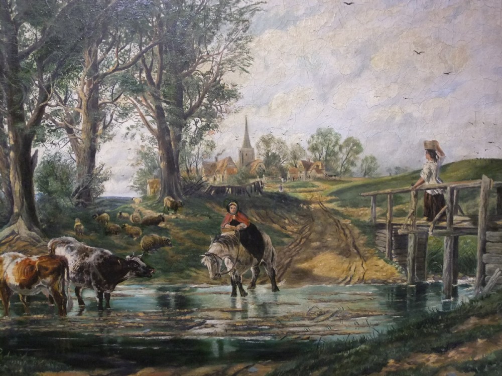 A large 19th-century oil painting depicting cattle drinking at a shallow river ford beneath tall mature trees near a distant village. View III