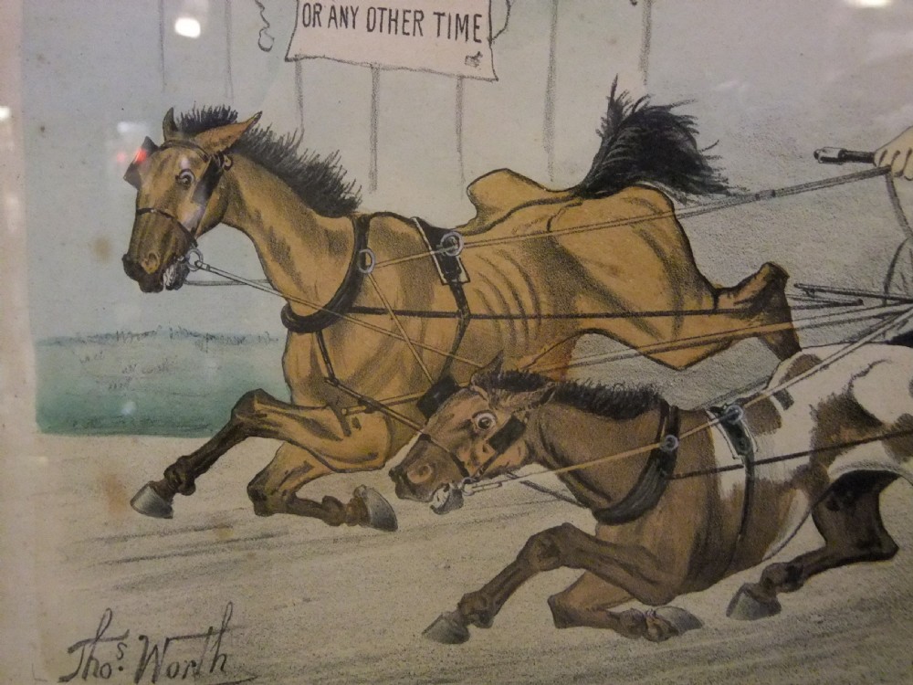 A framed 1882 lithograph by Thomas Worth depicting a caricature of a horse race with a driver in a cart passing through Charter Hoax Park. View IV