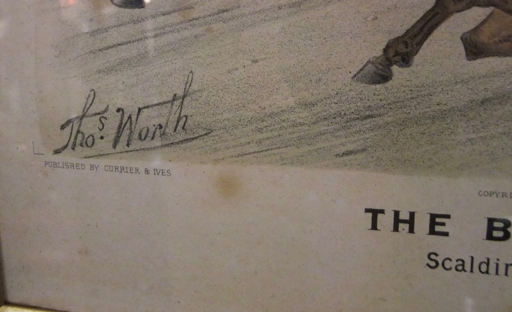 A framed 1882 lithograph by Thomas Worth depicting a caricature of a horse race with a driver in a cart passing through Charter Hoax Park. View VI