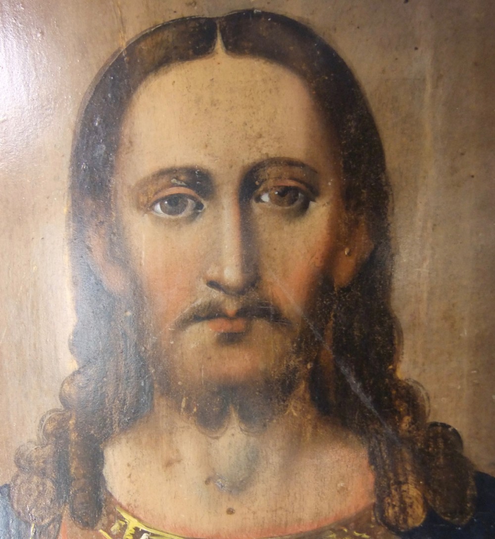 A nineteenth-century Russian Orthodox icon painted on a wooden panel depicting Christ Pantocrator with a raised right hand. View III