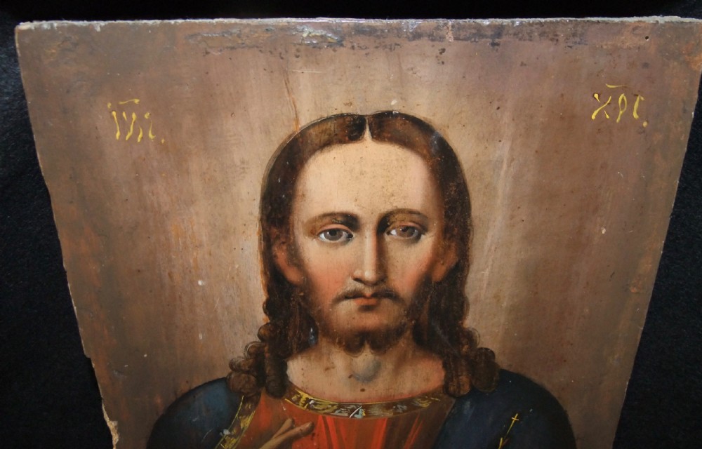 A nineteenth-century Russian Orthodox icon painted on a wooden panel depicting Christ Pantocrator with a raised right hand. View IV