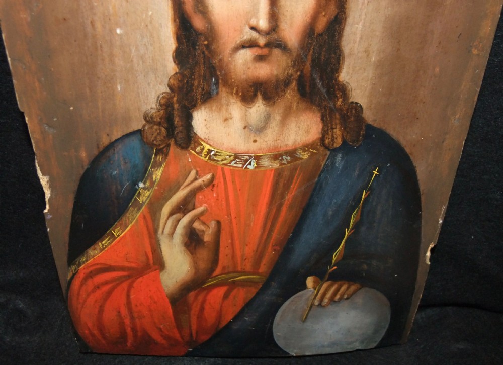 A nineteenth-century Russian Orthodox icon painted on a wooden panel depicting Christ Pantocrator with a raised right hand. View V