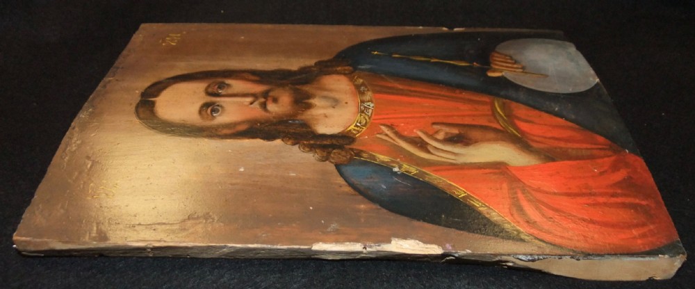 A nineteenth-century Russian Orthodox icon painted on a wooden panel depicting Christ Pantocrator with a raised right hand. View VI