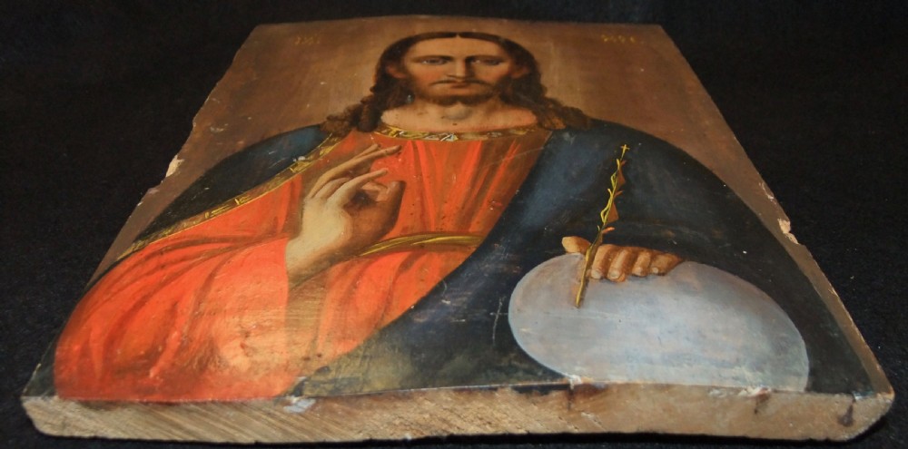 A nineteenth-century Russian Orthodox icon painted on a wooden panel depicting Christ Pantocrator with a raised right hand. View VII