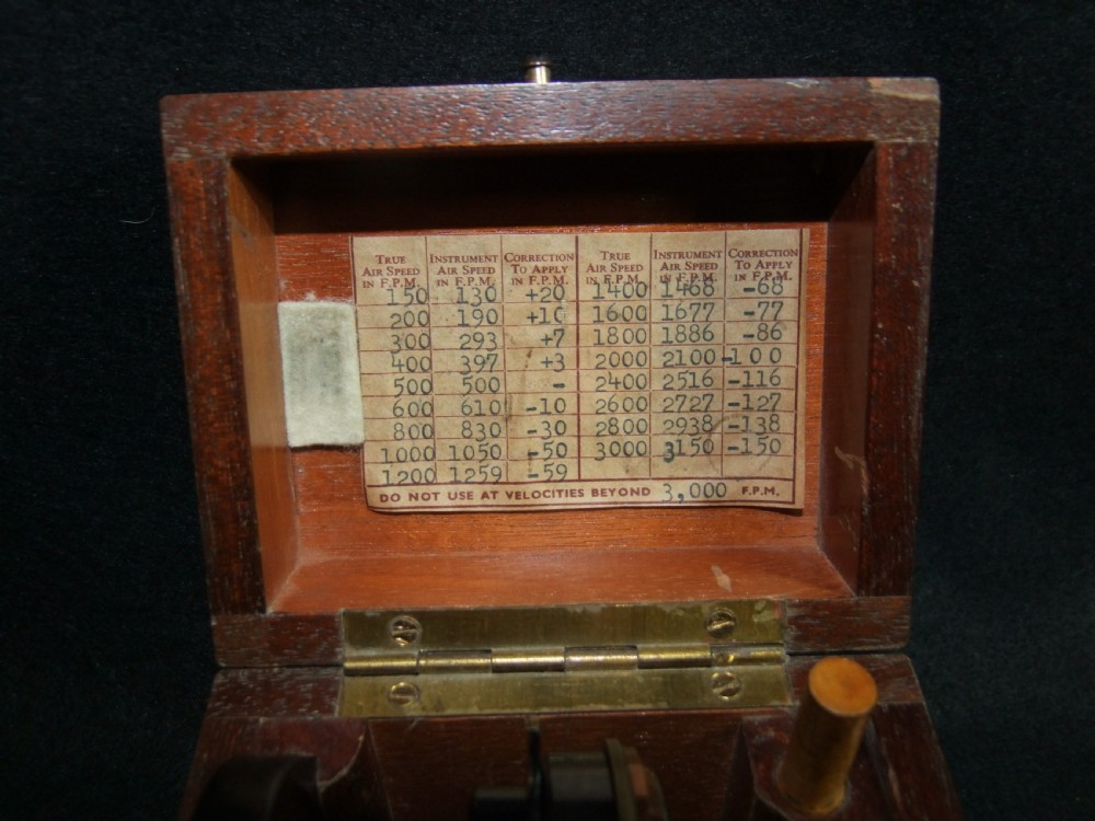A nineteenth-century brass and black metal high-speed anemometer with multiple sub-dials, mounted on a wooden box. View IX