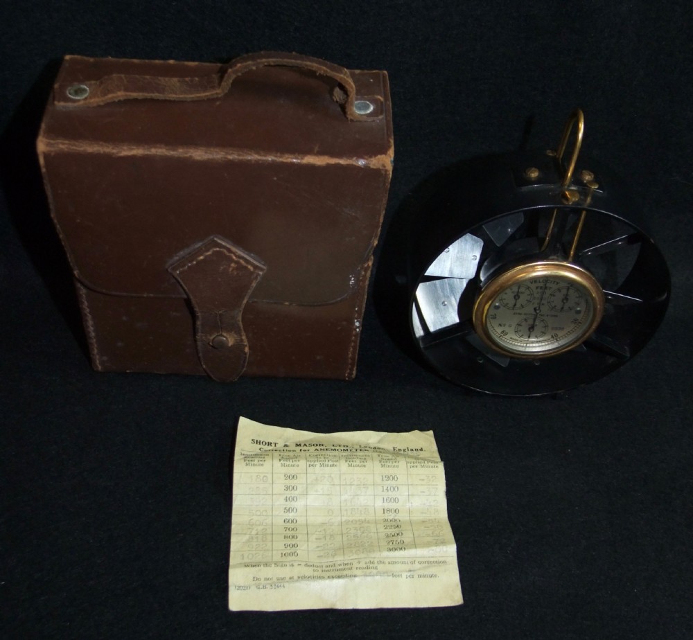 A circular brass and black metal anemometer with fan blades and a multi-dial face, displayed alongside its fitted brown leather carrying case. View II