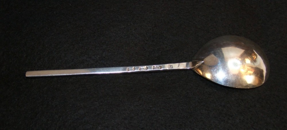 A solid silver spoon featuring a rounded fig-shaped bowl and a straight stem with an obliquely cut slip top end against a dark background. View V