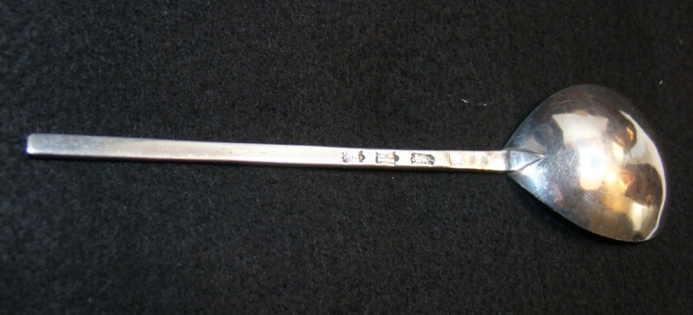A solid silver spoon featuring a rounded fig-shaped bowl and a straight stem with an obliquely cut slip top end against a dark background. View VI