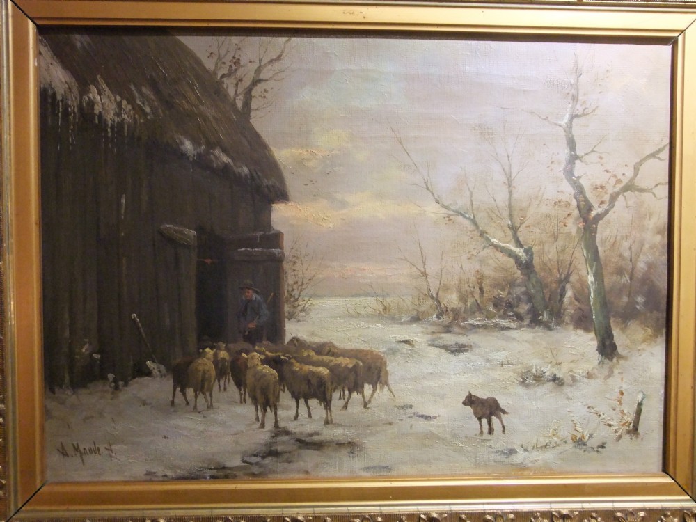 A framed 19th-century oil painting depicting a shepherd leading a flock of sheep into a barn during a snowy winter landscape, housed in a gold gilt frame.