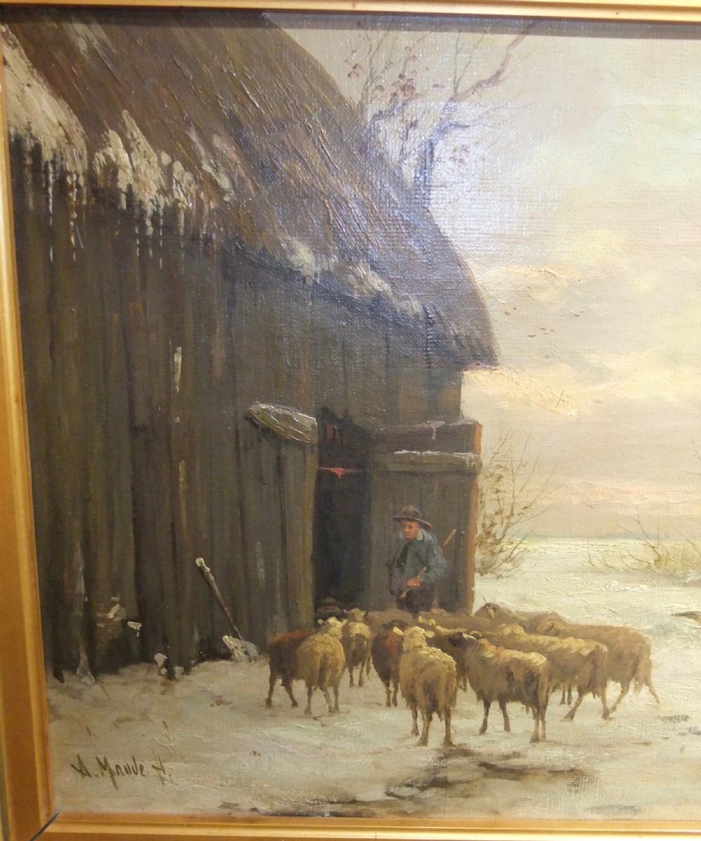 A framed 19th-century oil painting depicting a shepherd leading a flock of sheep into a barn during a snowy winter landscape, housed in a gold gilt frame. View II