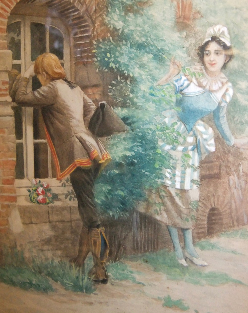A pair of nineteenth-century watercolour paintings depicting figures in historic attire outside brick buildings, framed in ornate gilt floral frames. View III