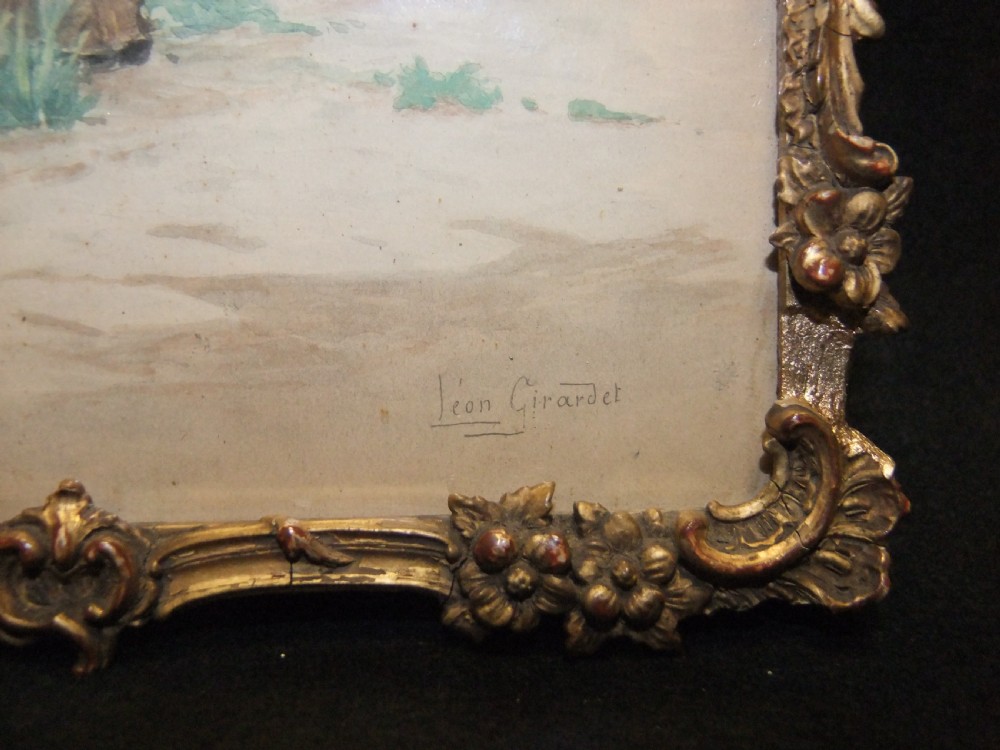 A pair of nineteenth-century watercolour paintings depicting figures in historic attire outside brick buildings, framed in ornate gilt floral frames. View IV