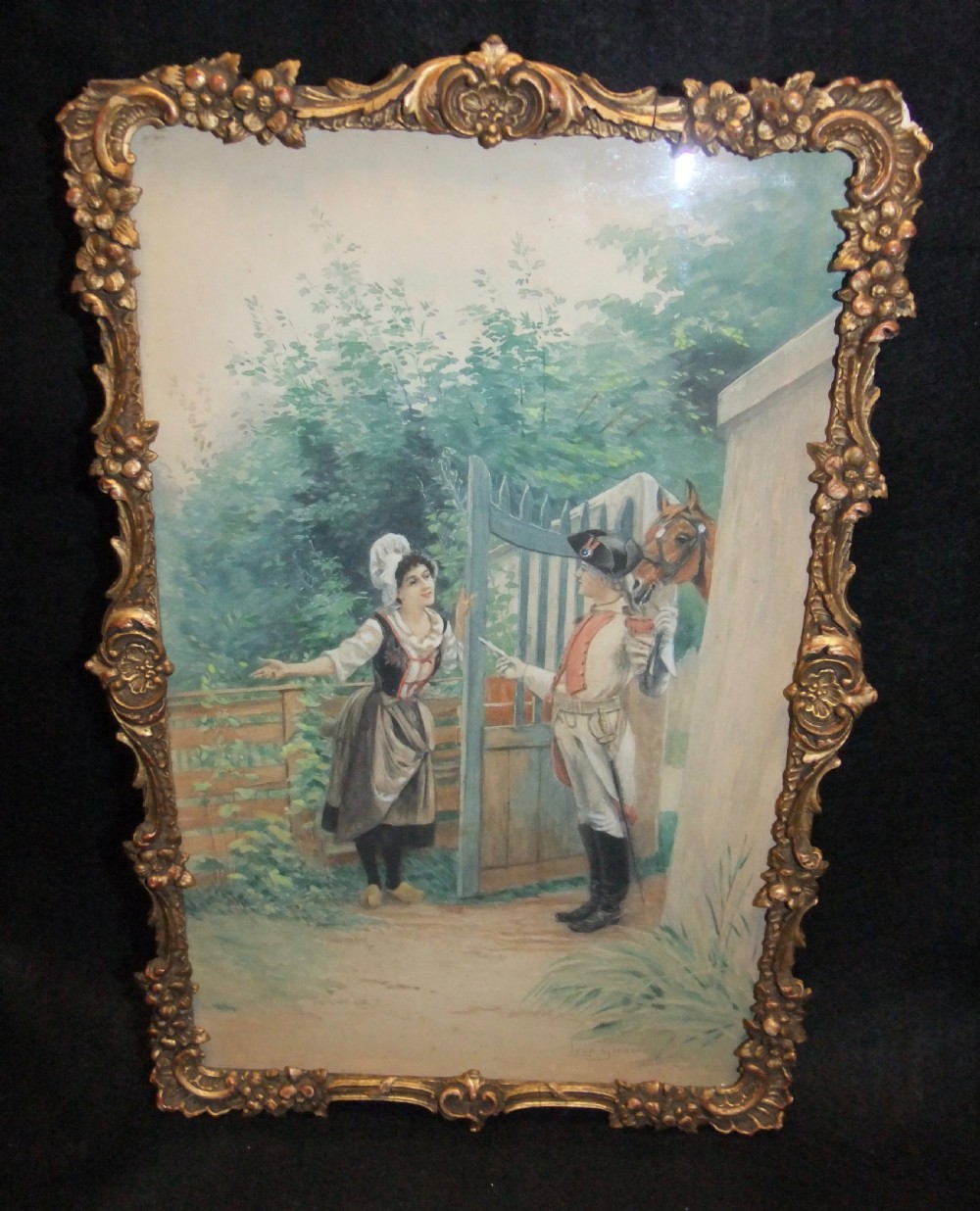 A pair of nineteenth-century watercolour paintings depicting figures in historic attire outside brick buildings, framed in ornate gilt floral frames. View VIII