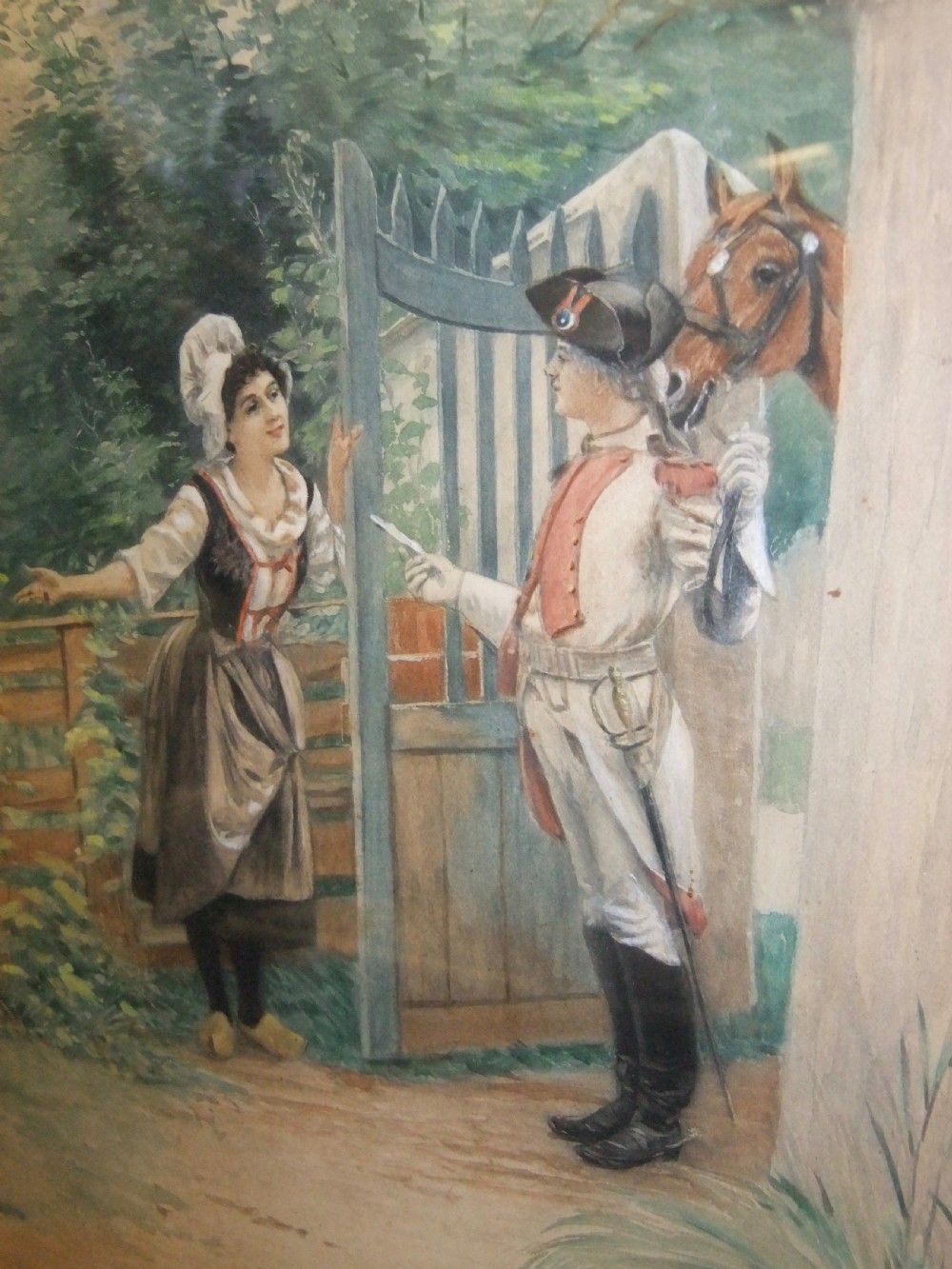 A pair of nineteenth-century watercolour paintings depicting figures in historic attire outside brick buildings, framed in ornate gilt floral frames. View IX