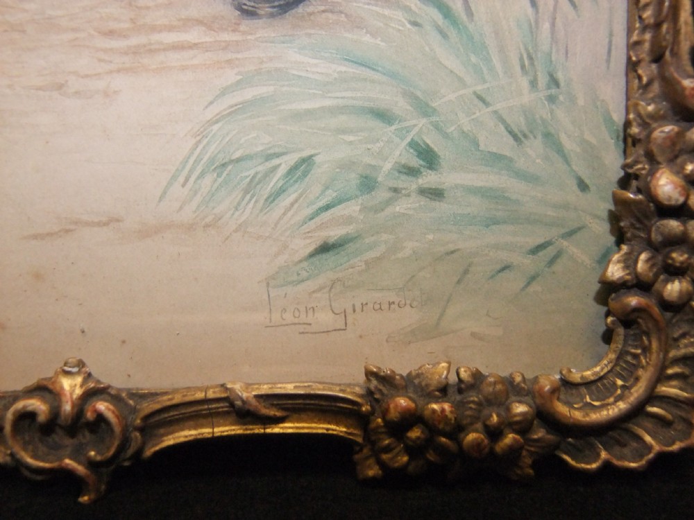 A pair of nineteenth-century watercolour paintings depicting figures in historic attire outside brick buildings, framed in ornate gilt floral frames. View X
