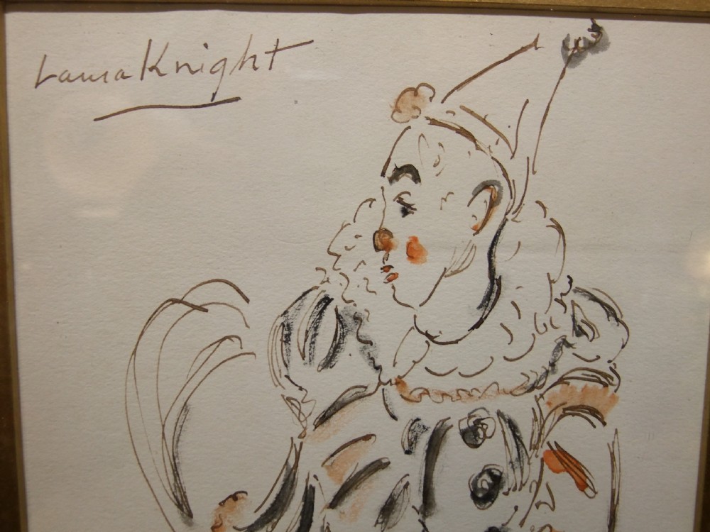 An ink and watercolour sketch depicting a seated clown in costume, signed Laura Knight in the upper left corner. View II