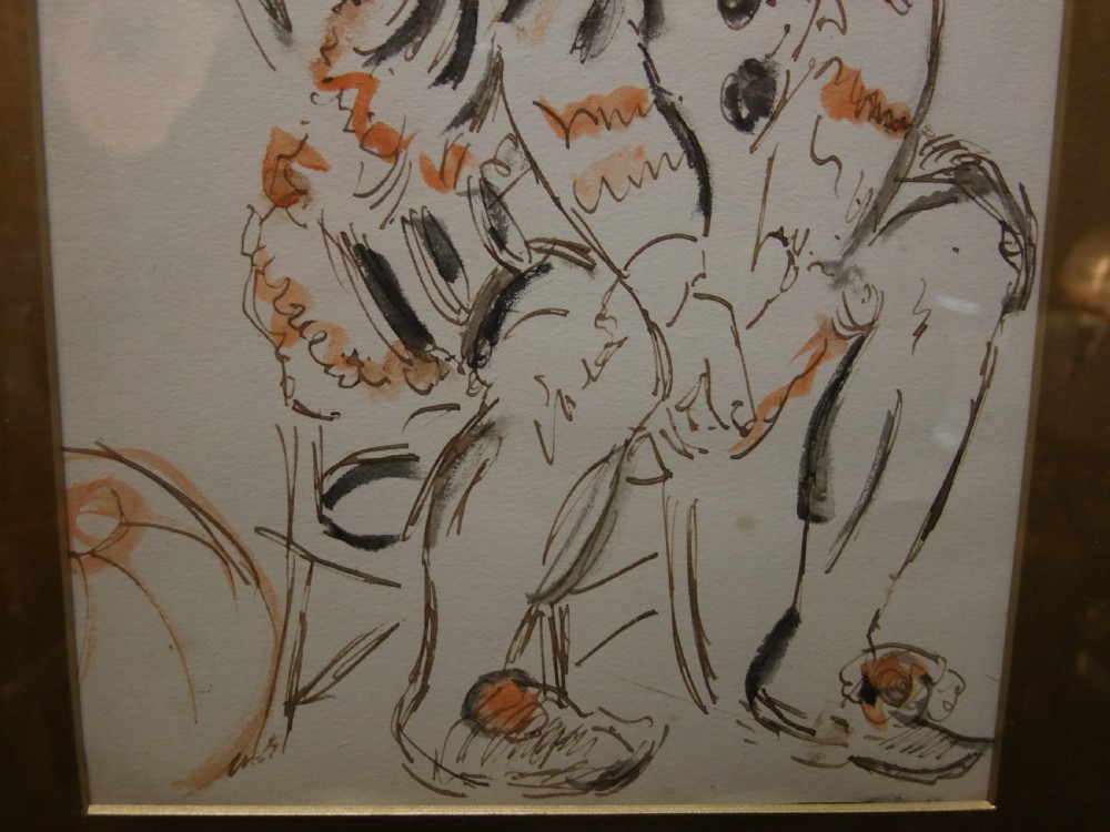An ink and watercolour sketch depicting a seated clown in costume, signed Laura Knight in the upper left corner. View III