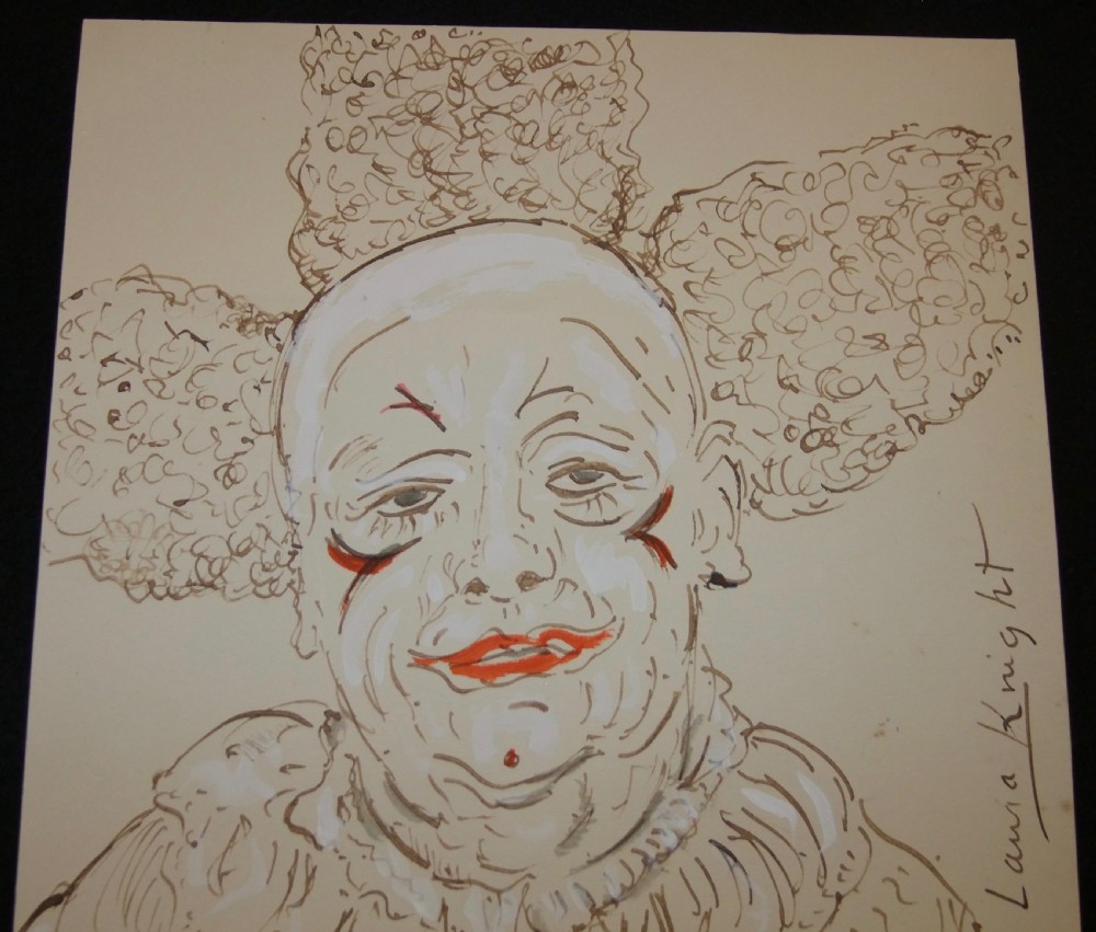 A watercolour, gouache, and pencil portrait sketch on cream paper depicting a seated clown wearing a ruffled collar and makeup, signed Laura Knight on the right side. View VI