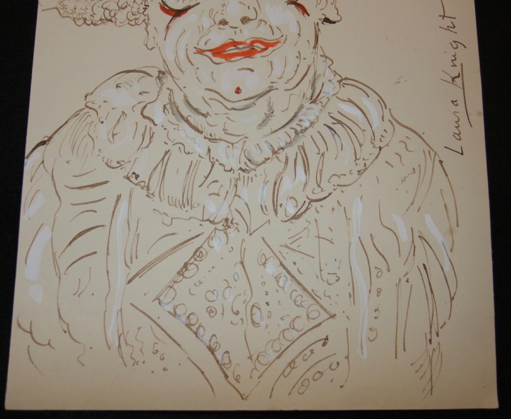 A watercolour, gouache, and pencil portrait sketch on cream paper depicting a seated clown wearing a ruffled collar and makeup, signed Laura Knight on the right side. View VII