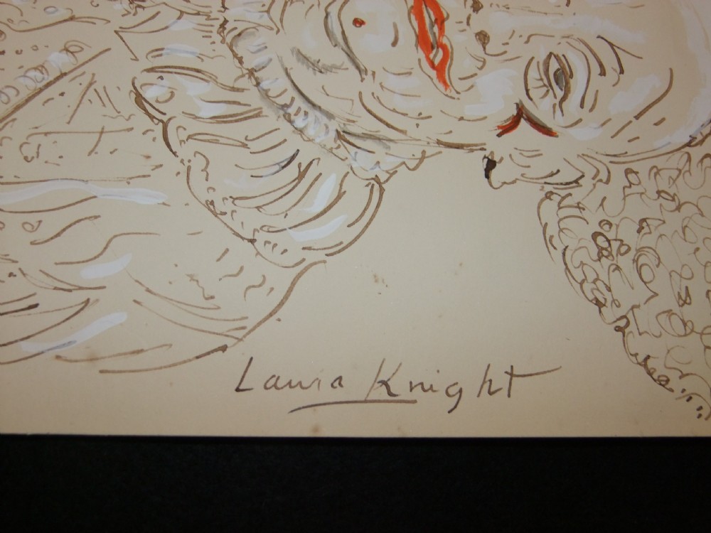 A watercolour, gouache, and pencil portrait sketch on cream paper depicting a seated clown wearing a ruffled collar and makeup, signed Laura Knight on the right side. View VIII