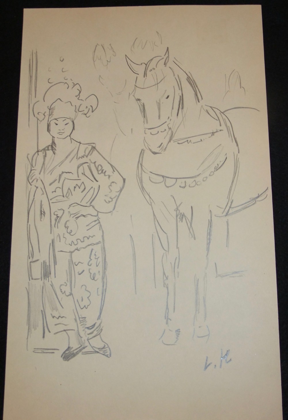 A graphite pencil study on off-white paper depicting a costumed figure standing beside a harnessed horse, initialled at the lower right.