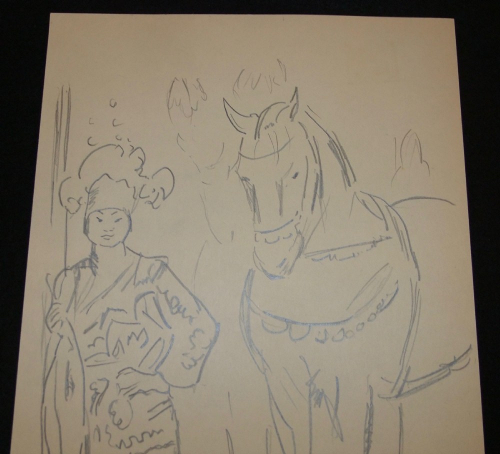 A graphite pencil study on off-white paper depicting a costumed figure standing beside a harnessed horse, initialled at the lower right. View II