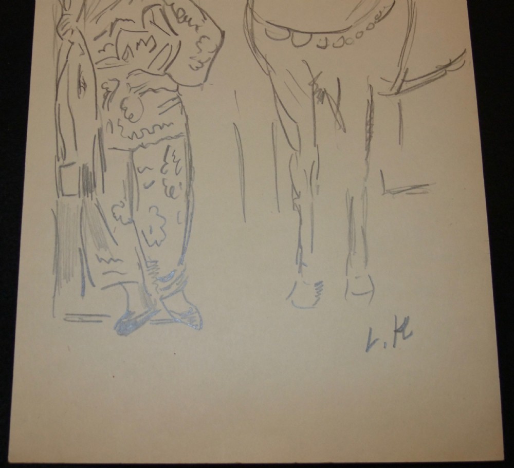 A graphite pencil study on off-white paper depicting a costumed figure standing beside a harnessed horse, initialled at the lower right. View III