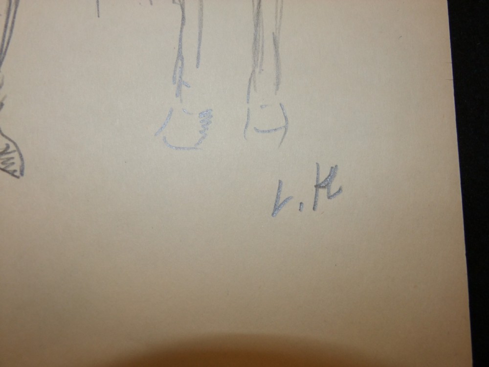 A graphite pencil study on off-white paper depicting a costumed figure standing beside a harnessed horse, initialled at the lower right. View IV
