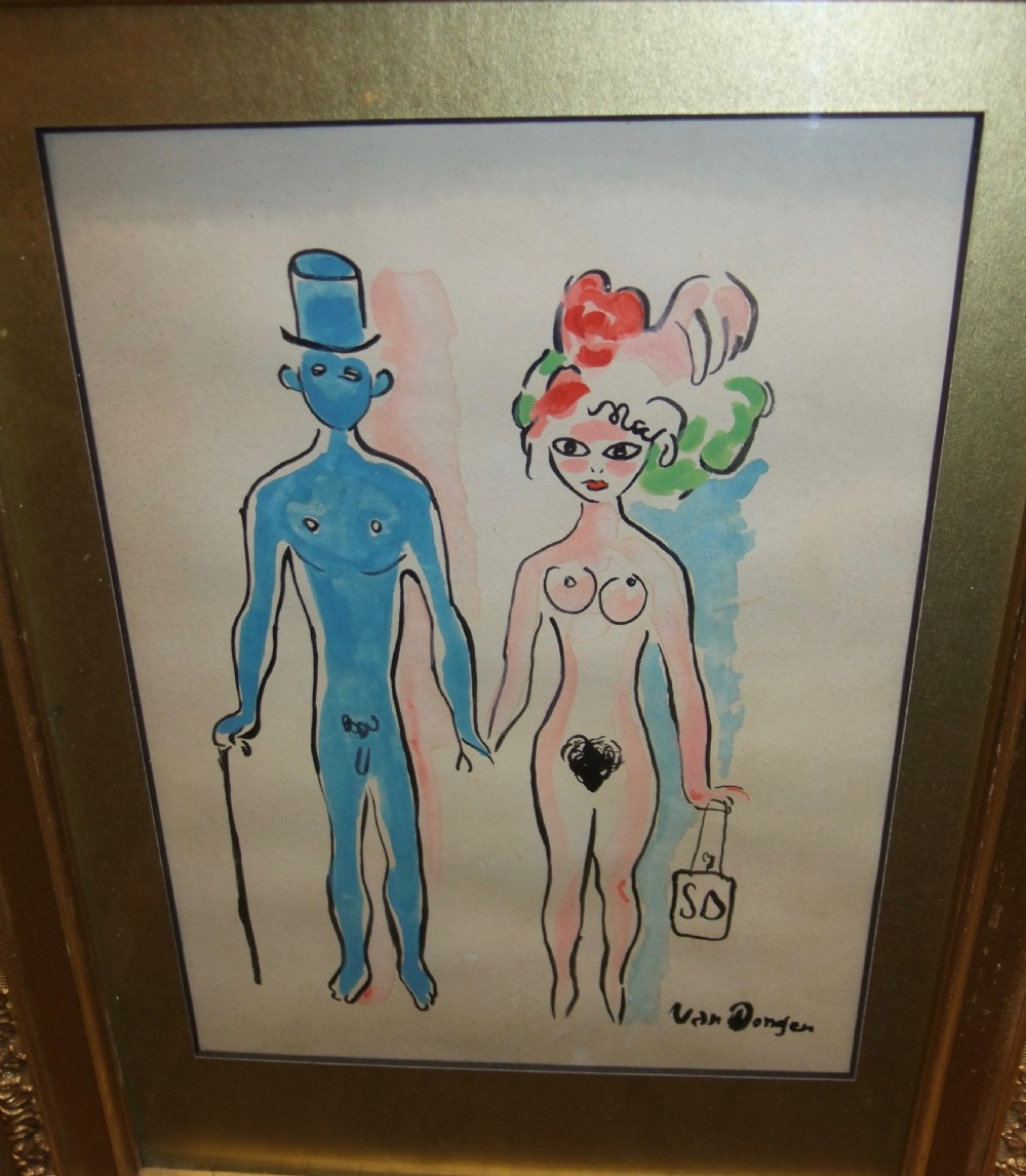 A framed watercolour drawing depicting a blue-skinned male in a top hat with a cane alongside a pink-skinned female in an ornate headdress, both rendered as stylised nudes.