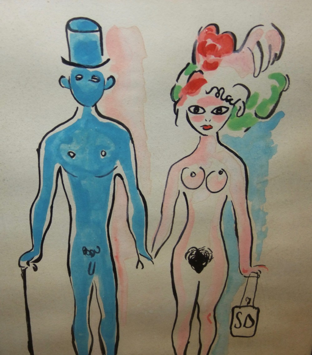 A framed watercolour drawing depicting a blue-skinned male in a top hat with a cane alongside a pink-skinned female in an ornate headdress, both rendered as stylised nudes. View II