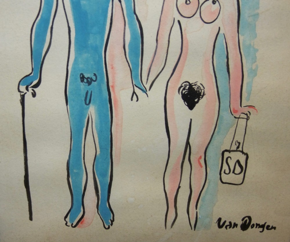 A framed watercolour drawing depicting a blue-skinned male in a top hat with a cane alongside a pink-skinned female in an ornate headdress, both rendered as stylised nudes. View III