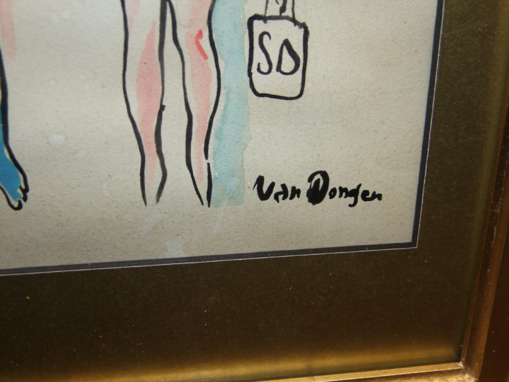 A framed watercolour drawing depicting a blue-skinned male in a top hat with a cane alongside a pink-skinned female in an ornate headdress, both rendered as stylised nudes. View IV
