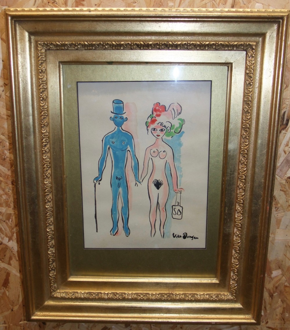 A framed watercolour drawing depicting a blue-skinned male in a top hat with a cane alongside a pink-skinned female in an ornate headdress, both rendered as stylised nudes. View V