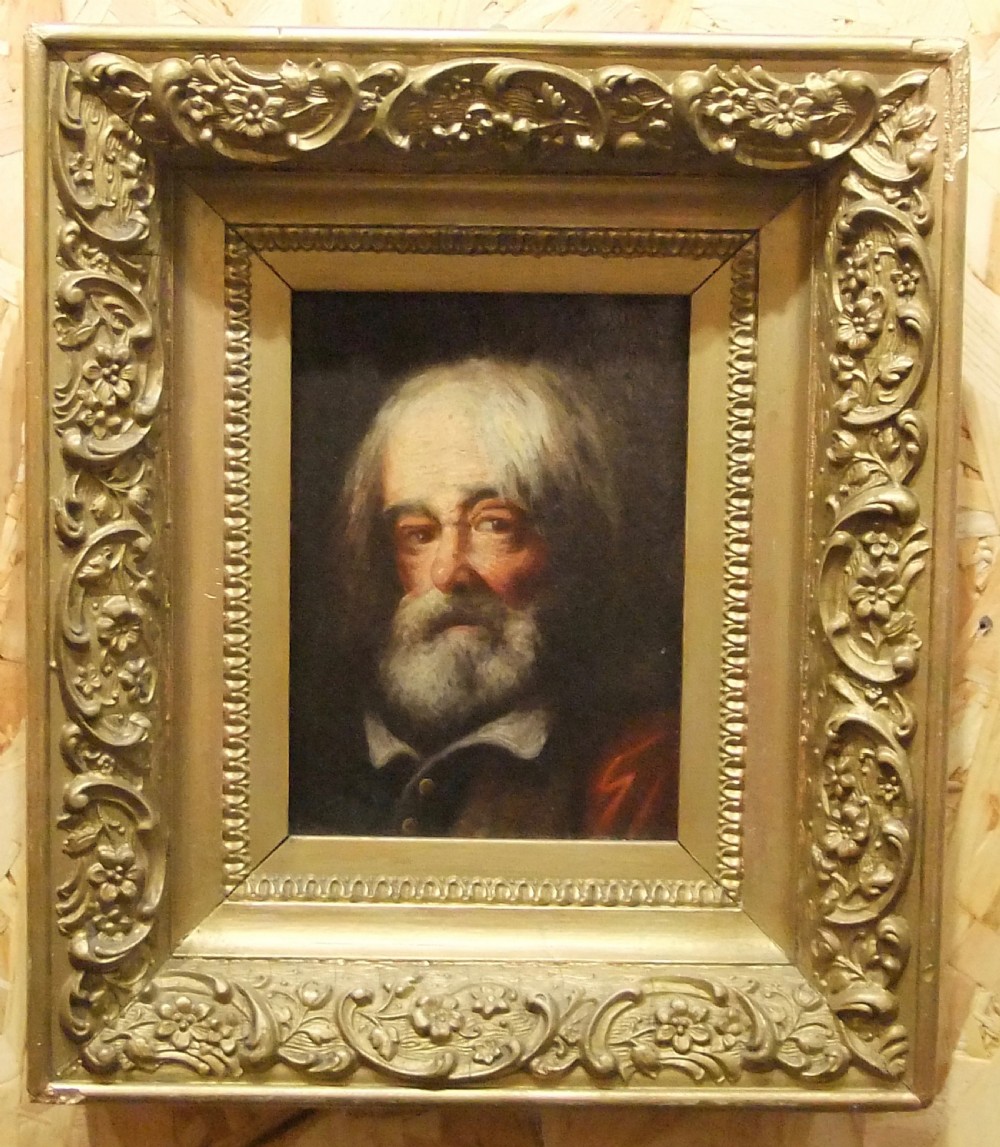 An antique oil painting depicting an elderly man with a full grey beard and white hair set against a dark background. View II