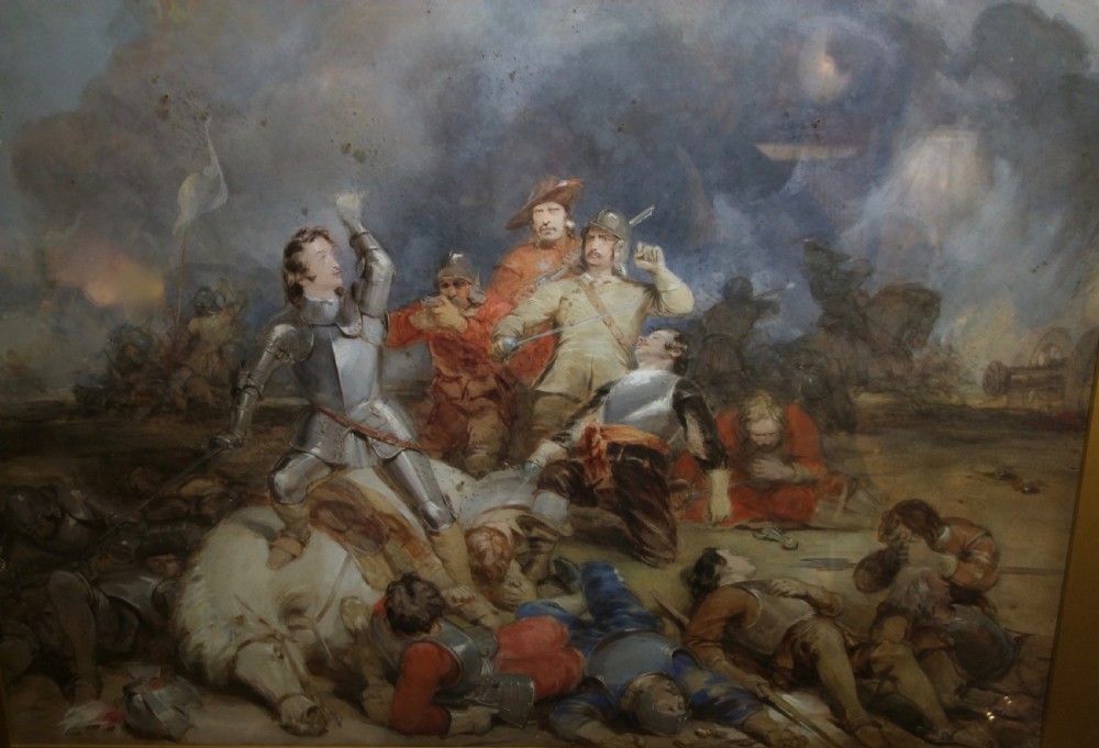 A large 19th-century watercolour painting depicting a dramatic battle scene with armoured soldiers and a fallen horse.