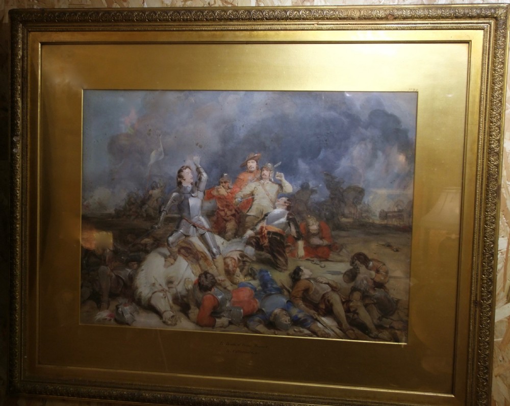 A large 19th-century watercolour painting depicting a dramatic battle scene with armoured soldiers and a fallen horse. View II