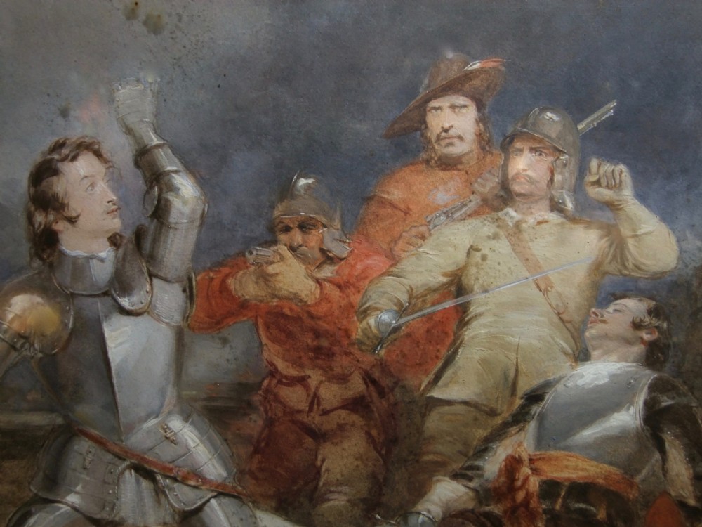 A large 19th-century watercolour painting depicting a dramatic battle scene with armoured soldiers and a fallen horse. View III