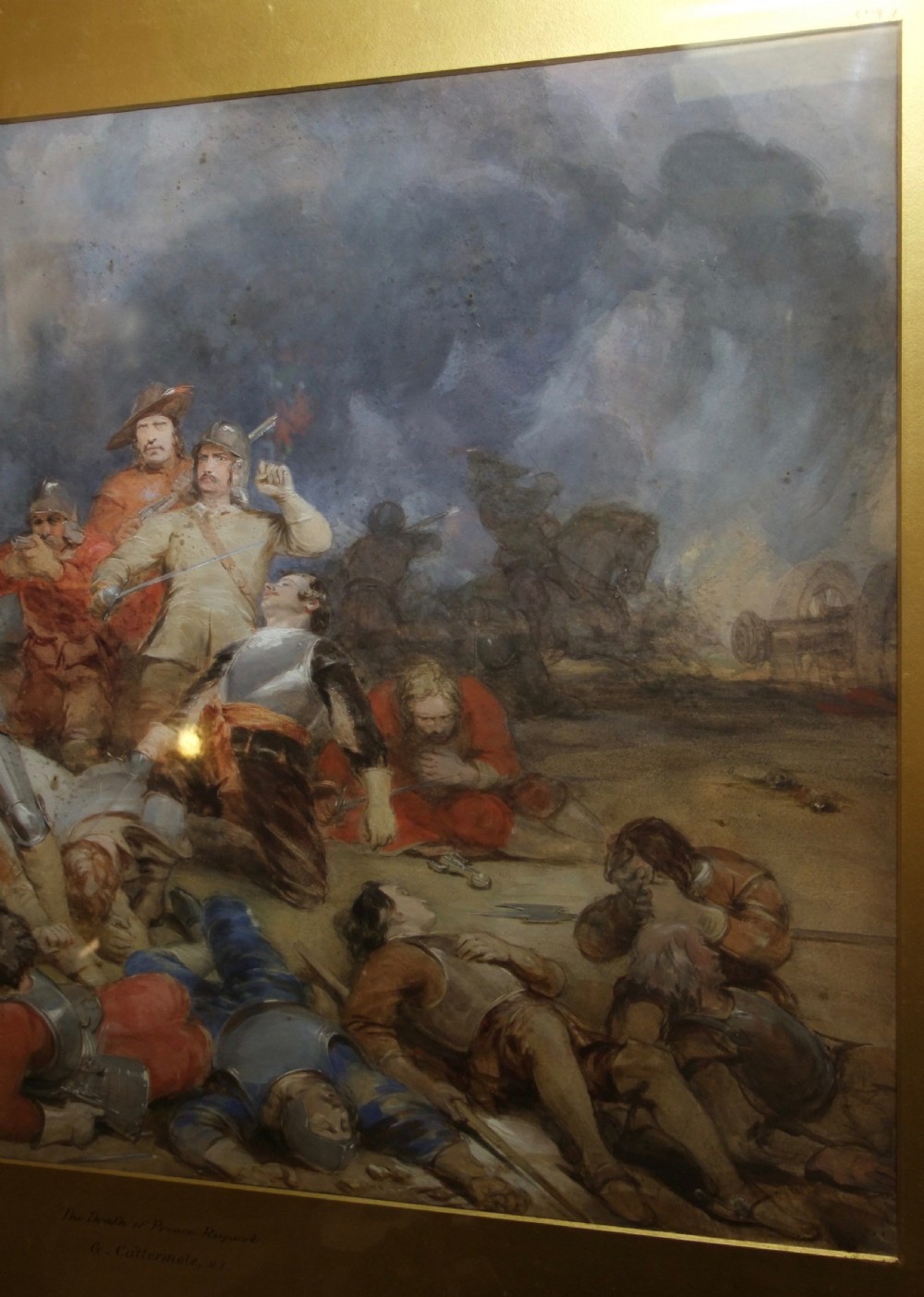 A large 19th-century watercolour painting depicting a dramatic battle scene with armoured soldiers and a fallen horse. View V