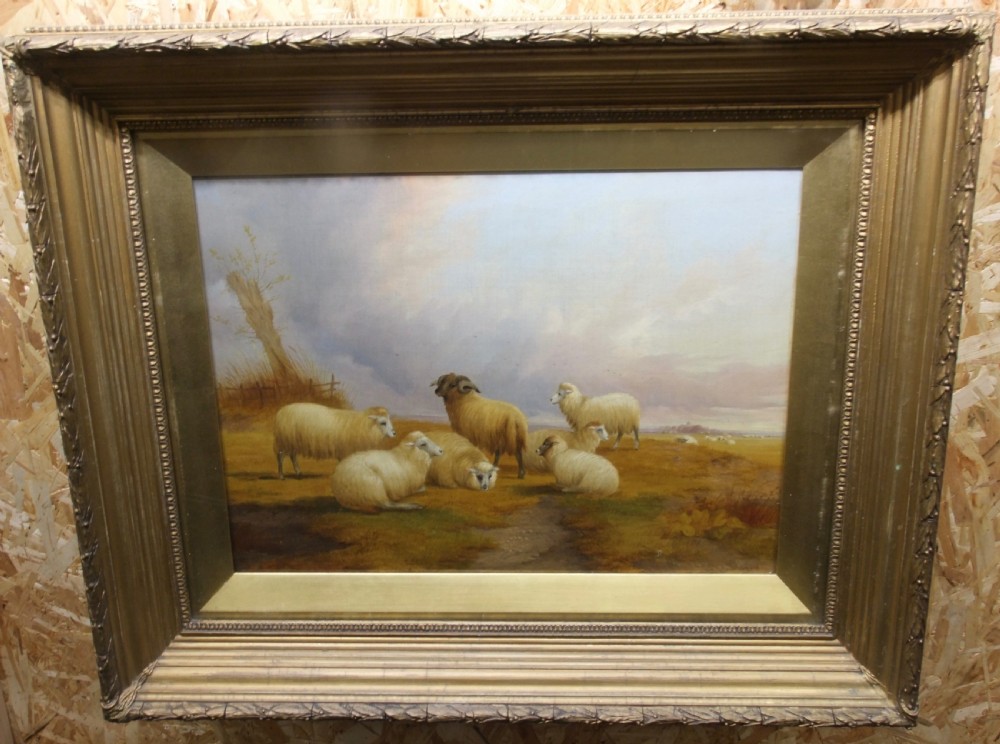 A nineteenth-century pastoral oil painting depicting a flock of sheep and a horned ram resting in an open field under a cloudy sky. View II