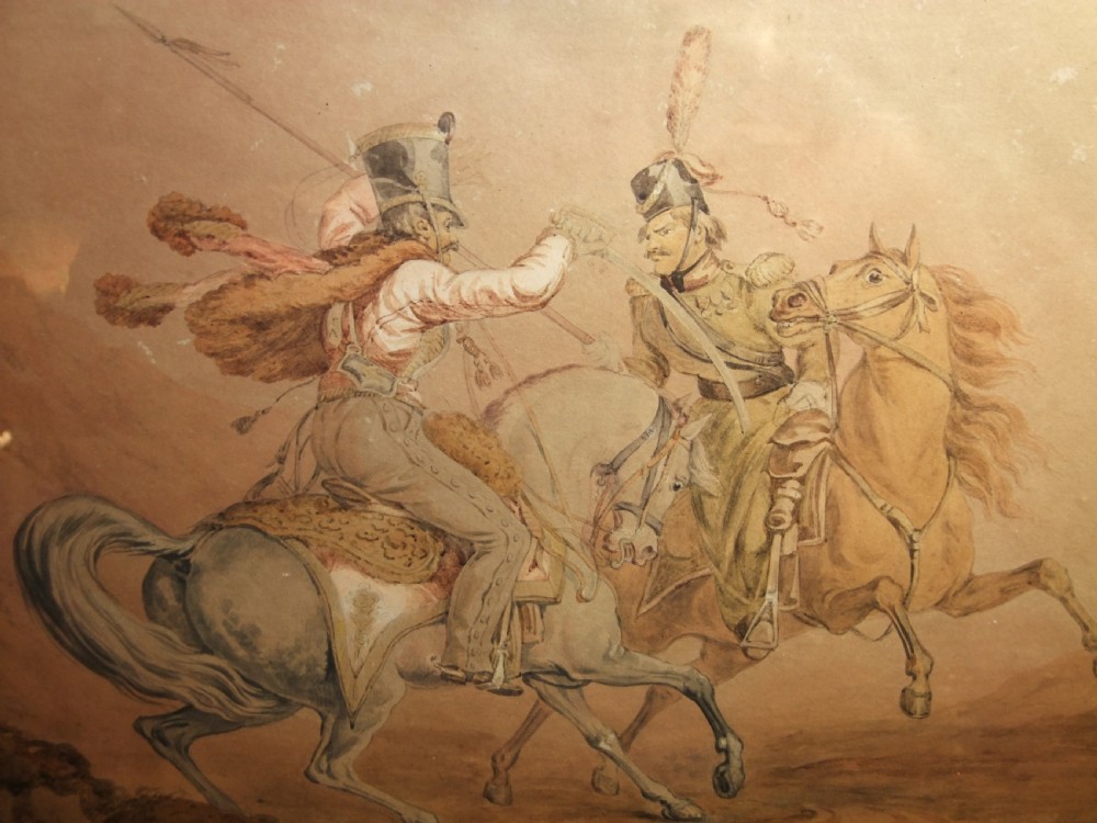 An 1822 French watercolour painting on paper depicting two mounted hussars engaged in combat on horseback.