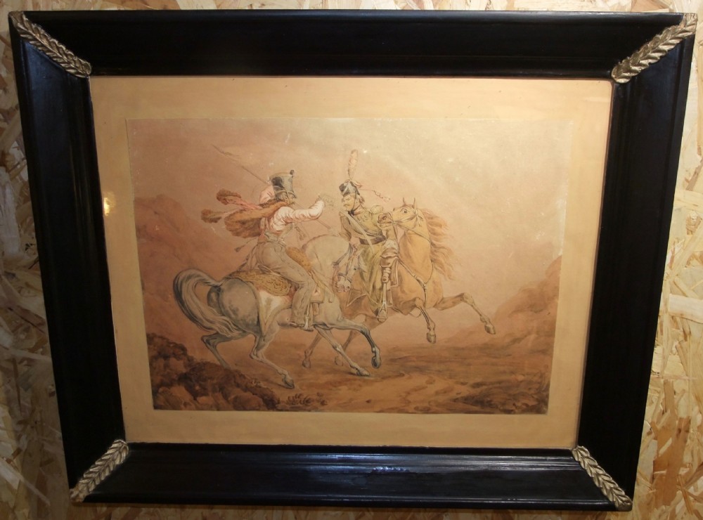 An 1822 French watercolour painting on paper depicting two mounted hussars engaged in combat on horseback. View III