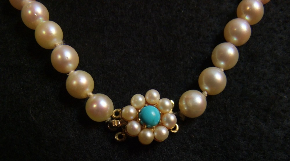 An opera length strand of cream freshwater pearls featuring a flower-shaped gold clasp set with a cabochon turquoise centre. View III