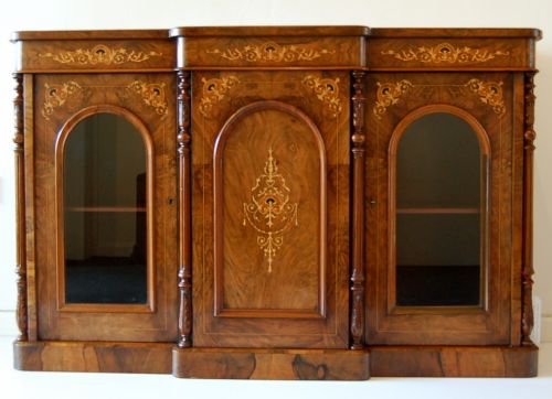 Victorian Burr Walnut Inlaid Breakfront Credenza