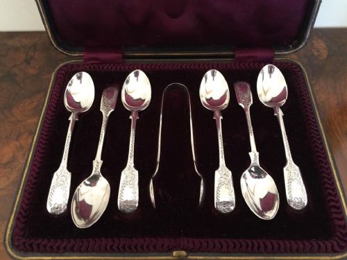 Boxed Set of Six Edwardian Silver Teaspoons & Sugar Tongs, 1906