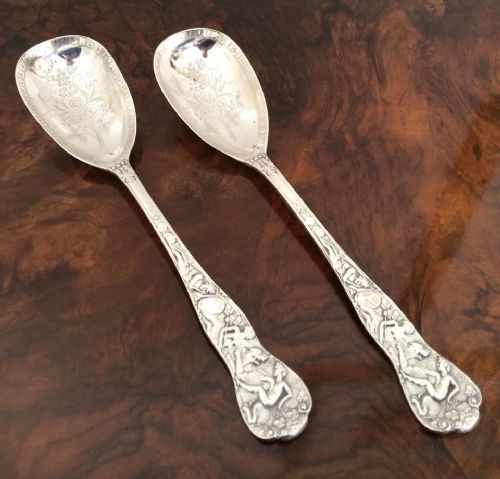 Rare Pair of Bacchanalian Pattern Victorian Silver Serving Spoons